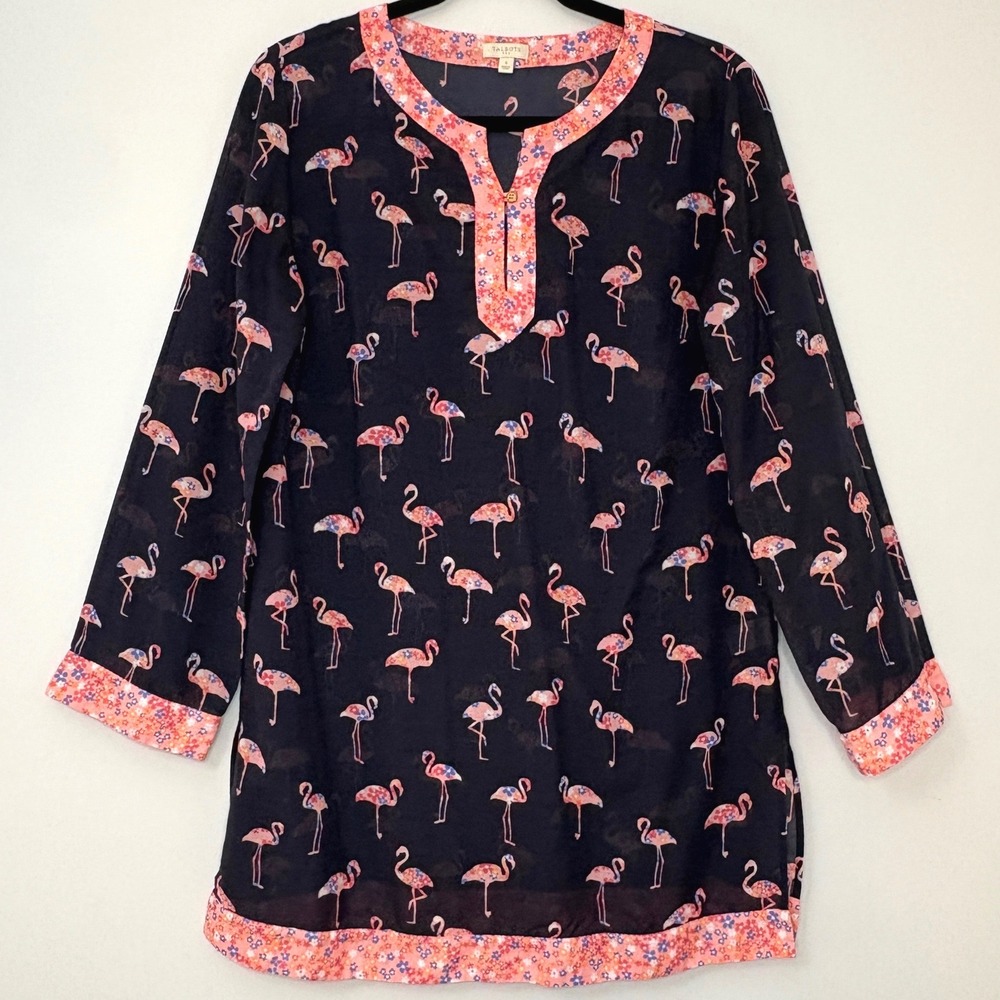 Talbots Navy Flamingo Print Sheer Tunic Top/ Swim Coverup Womens Small